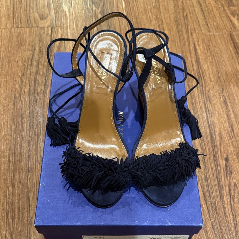 Aquazzura Navy Fringe Heels